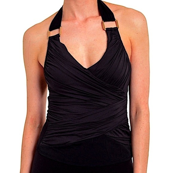 NEW SPANX Whittle Waistline Draped Tankini Swim Top in Black Size 10 - Picture 1 of 7